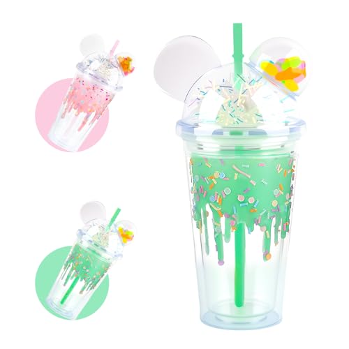 SilverChry Trinkbecher mit Strohhalm und Deckel 450ml, Eiskaffee Becher, Trinkbecher Doppelwandige Niedliche - Bär Eiscreme Design, Bubble Tea Becher, Matcha Gläser Reisebecher Schnabeltasse von SilverChry