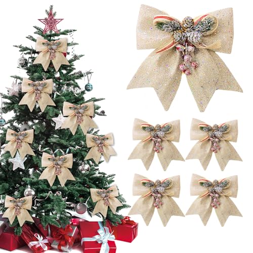 SilverChry Weihnachten Sekt Schleifen – 5er-Pack Glitzer Weihnachten Schleifen, Schleifen Weihnachten Deko mit Tannenzapfen, Geschenkschleifen für Weihnachtsbäume, Partys, Geschenkboxen von SilverChry
