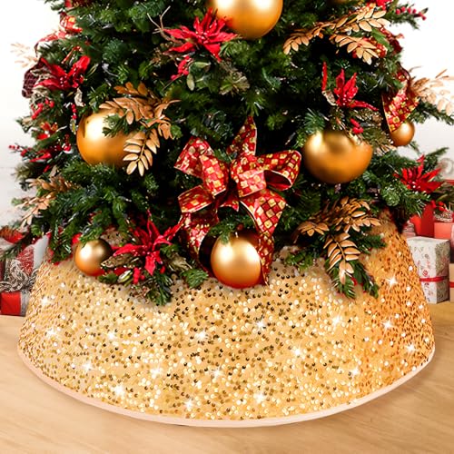 SilverChry Weihnachtsbaum Rock, Weihnachtsbaum Kragen, Pailletten Weihnachtsbaumschürze, Weihnachtsbaumdecke Faltbarer, Christmas Tree Collar, Tannenbaumständer Hülle, Weihnachtsdekoration (Gold) von SilverChry