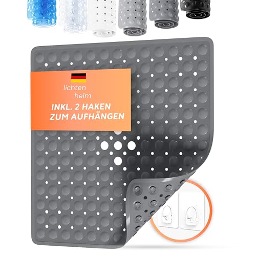 LICHTENHEIM Duschmatte rutschfest Sensitiv 53x53 cm - INKL 2 Haken - Badewannenmatte rutschfest - Antirutschmatte Badewanne BPA frei - Badematte schimmelresistent & waschbar (Anthrazit) von LICHTENHEIM