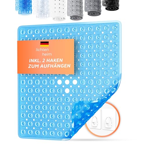 LICHTENHEIM Duschmatte rutschfest Sensitiv 53x53 cm - INKL 2 Haken - Badewannenmatte rutschfest - Antirutschmatte Badewanne BPA frei - Badematte schimmelresistent & waschbar (Blau-Durchsichtig) von LICHTENHEIM