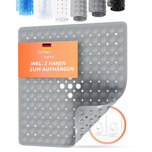 LICHTENHEIM Duschmatte rutschfest Sensitiv 53x53 cm - INKL 2 Haken - Badewannenmatte rutschfest - Antirutschmatte Badewanne BPA frei - Badematte schimmelresistent & waschbar (Maus-Grau) von LICHTENHEIM