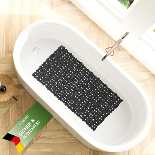 SilverRack Badewannenmatte 88x40 cm (schwarz Kiesel Steinoptik) Antirutschmatte Badewanne BPA frei - Duschmatte schimmelresistent & maschinenwaschbar - Badematte rutschfest von SilverRack