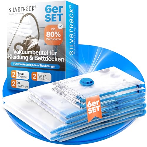 SilverRack Vakuumbeutel Set [6 Stück] in 3 Größen (2x 40x60 cm / 2x 60x80 cm / 2x 80x100 cm) - Staubsauger Vakuumierbeutel für Kleidung u. Bettdecken - Aufbewahrung Vakuumbeutel für Kleidung von SilverRack