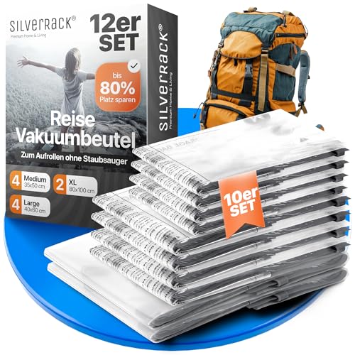 SilverRack Vakuumbeutel Set Reise [10 Stück] in 3 Größen (4x Medium + 4x Large + 2x XL) - Travel Vakuumbeutel für Kleidung zum Rollen - Vakuum Kleiderbeutel - Kleider Vakuumierbeutel von SilverRack