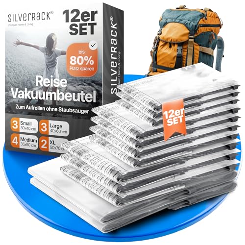 SilverRack Vakuumbeutel Set Reise [12 Stück] in 4 Größen (3x Small + 4x Medium + 3x Large + 2x XL) - Travel Vakuumbeutel für Kleidung zum Rollen - Vakuum Kleiderbeutel - Kleider Vakuumierbeutel von SilverRack