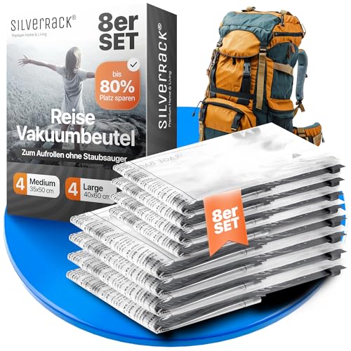 SilverRack Vakuumbeutel Set Reise [8 Stück] in 2 Größen (4x Medium + 4x Large) - Travel Vakuumbeutel für Kleidung zum Rollen - Vakuum Kleiderbeutel - Kleider Vakuumierbeutel von SilverRack