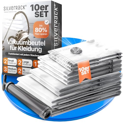 SilverRack Vakuumbeutel für Kleidung [10 Stück] in 5 Größen (2x Small + 3x Medium + 2x Large + 2x XL + 1x XXL) - BPA Frei - Vakuumierbeutel Kleidung, Kissen und Jacken - Vakuum Beutel von SilverRack