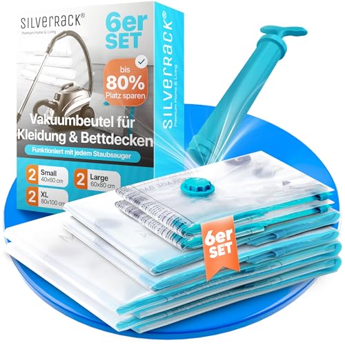 SilverRack Vakuumbeutel für Kleidung [6 Stück] in 3 Größen (2x Small + 2x Large + 2x XL) - BPA Frei - Vakuumierbeutel Kleidung, Kissen und Jacken - Vakuum Beutel von SilverRack