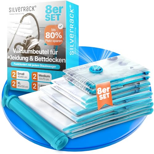 SilverRack Vakuumbeutel für Kleidung [8 Stück] in 4 Größen (2x Small + 2x Medium + 2x Large + 2x XL) - BPA Frei - Vakuumierbeutel Kleidung, Kissen und Jacken - Vakuum Beutel von SilverRack