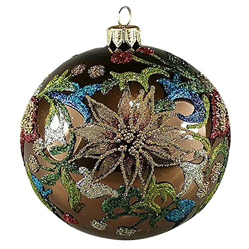 Silverado Christmas Ornament Made of Glass, 10 cm Ball, Brown Flower with Multicolor Leaves von Silverado