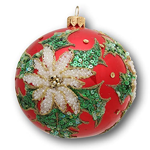 Silverado Christmas Ornament Made of Glass, 10 cm Ball, Edelweiss in White Beads and Green Sequins Leaves on red Ball von Silverado