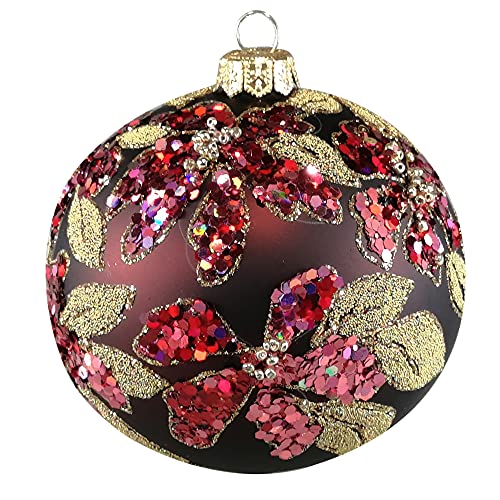 Silverado Christmas Ornament Made of Glass, 10 cm Ball, Flowers on Marble Burgundy Ball von Silverado