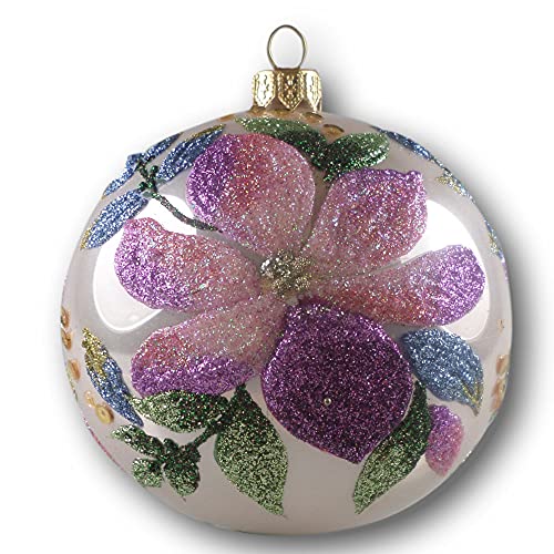 Silverado Christmas Ornament Made of Glass, 10 cm Ball, Glittered Flower with Purple Tonal Shades von Silverado