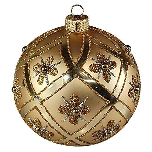 Silverado Christmas Ornament Made of Glass, 10 cm Ball, Gold Flowers in squers von Silverado