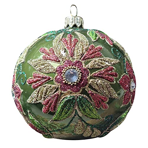 Silverado Christmas Ornament Made of Glass, 10 cm Ball, Gold and red Flowers Painted on Green Ball von Silverado