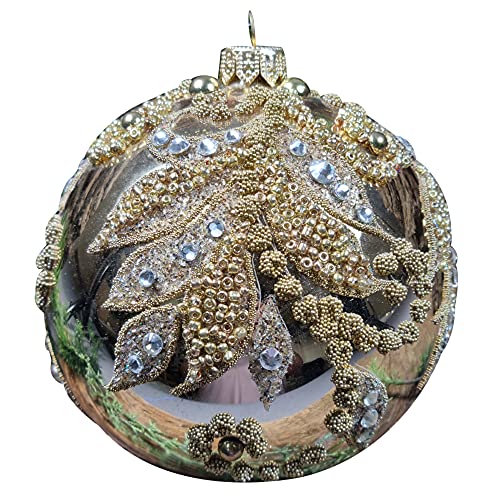 Silverado Christmas Ornament Made of Glass, 10 cm Ball, Hanging Leaves Full of Crystals NAD Bead on Shiny Gold Ball von Silverado
