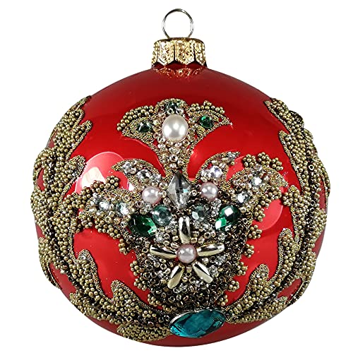 Silverado Christmas Ornament Made of Glass, 10 cm Ball, Royal Embroidery Motif on red Ball von Silverado