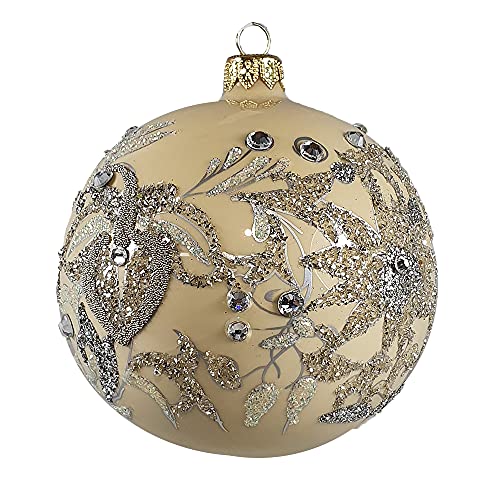Silverado Christmas Ornament Made of Glass, 10 cm Ball, Silver Flowers on Ivory Ball von Silverado