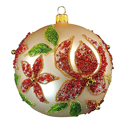 Silverado Christmas Ornament Made of Glass, 10 cm Ball, Tropical Flowers in Glitter and Beads on Light Gold Ball von Silverado