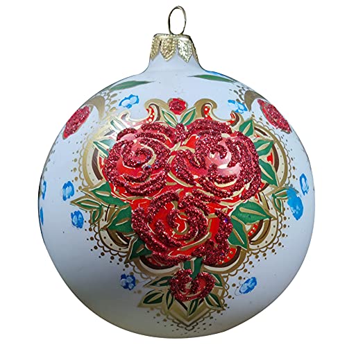 Silverado Christmas Ornament Made of Glass, 10 cm Ball, White with Folk Flowers Motive von Silverado