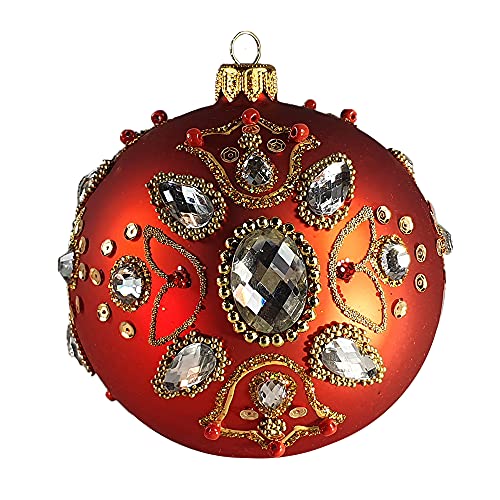 Silverado Christmas Ornament Made of Glass, 10 cm Ball, dimaods and Stones on red matt von Silverado