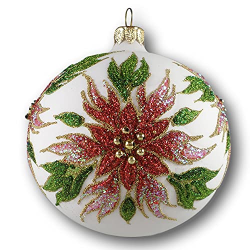 Silverado Christmas Ornament Made of Glass, 10 cm Ball, glitterd Poinsettia Flower on White von Silverado