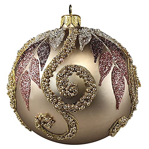 Silverado Christmas Ornament Made of Glass, 10 cm Ball, golden Brown Leaves and Beaded Swirls von Silverado