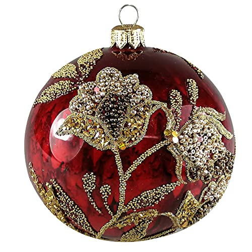 Silverado Christmas Ornament Made of Glass, 10 cm Ball, golden Flowers on Marble Burgundy Ball von Silverado