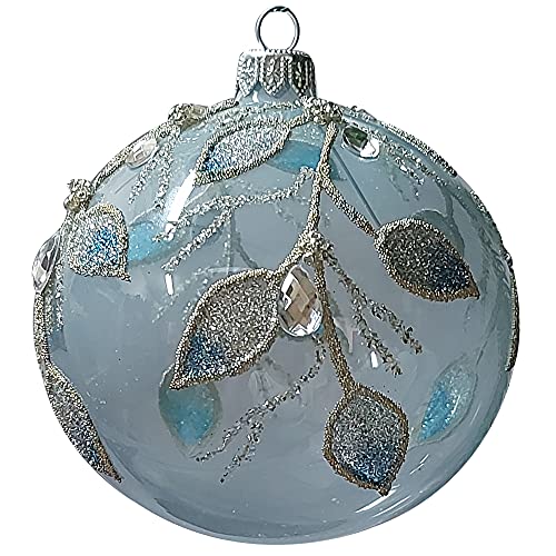 Silverado Christmas Ornament Made of Glass, 10 cm Ball in Blue with Silver Leaves von Silverado
