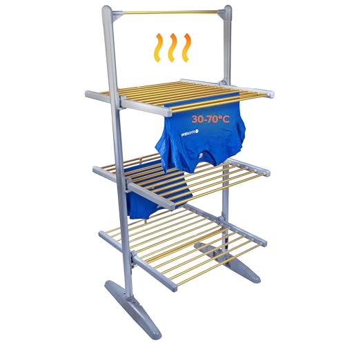 Silvergear® Elektrischer Wäscheständer Turm mit Heizfunktion | 4-stufiger Standtrockner für Innenräume | Temperatur einstellbar 30-70°C | Wäschetrockner mit Timerfunktion | 73x70x147 cm | Grau von Silvergear