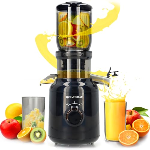 Silvergear® Entsafter | für Obst- und Gemüsesäfte | Saftpresse Elektrisch Leistungsstarker Motor mit 60 RPM | 103 mm Öffnung | 2x 450 ml Auffangbehälter | BPA Frei | Slow Juicer 250 W | Schwarz von Silvergear