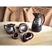 Vintage Japan Redware Brown Moriage 3-Teiliges Tee- Und Kaffee-Set - Teekanne, Milchkännchen, Zuckerdose von SilverliningByTravis