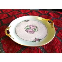 Vintage Pk Unity Germany Servierplatte Mit Doppeltem Griff - Grün Und Perlmutt Handbemalten Rosen Signiert R.e. Peters von SilverliningByTravis