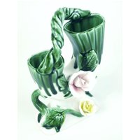Vintage Royal Sealy Japan Porzellan Majolika Keramik Blumenvase - U-Horn Mit Geprägter Blumen Doppelvase von SilverliningByTravis
