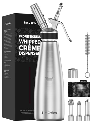 SimCoker Edelstahl Sahnespender,1L Schlagsahnebereiter für Schlagsahne,Sahnesiphon Ersatzteile 3 Spritztüllen 1 Reinigungbürste,Sahnebereiter Geschenk Sahnesprüher von SimCoker