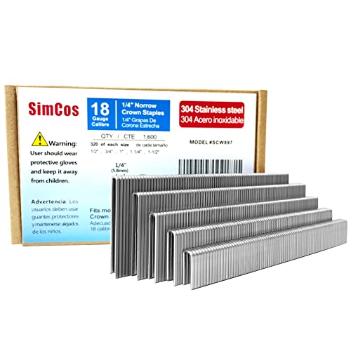 SimCos 18 Gauge 1/4 Zoll schmale Krone 304 Edelstahl Heftklammern (3.8 cm, 3.8 cm, 1.9 cm, 1.2 cm), sortiert 1600 Stück für 18 GA pneumatisch oder Elektro S Heftgerät oder Heftpistole, Projektpaket von SimCos