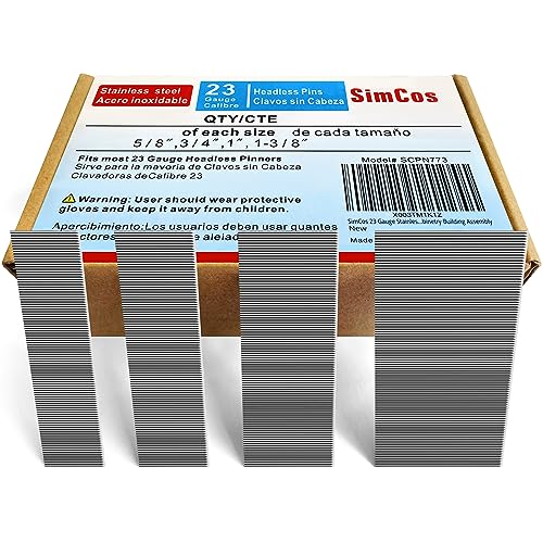SimCos 23 Gauge Edelstahl Pinnnägel (5/8 Zoll, 3/4 Zoll, 1 Zoll, 1 3/8 Zoll), Verschiedene 4 Größen, kopflose Pinnnägel für 23 GA pneumatische oder elektrische Pinner- oder Stiftpistole, Projektpaket von SimCos