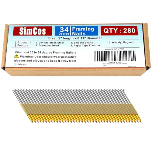 SimCos 34–30 Grad Rahmennägel, 304 Edelstahl, D-Kopf-Papierbandstreifen, Nägel für 30 bis 34 Grad Rahmennagler (5,1 cm, 280 Stück) von SimCos