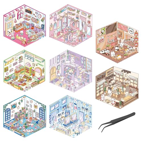 4 Sets 3D-Aufkleber-Szenen, DIY 3D-Hausaufkleber, niedliche Aufkleber für Erwachsene, Miniatur-Szenenaufkleber, lustige Aufkleber Zimmer Buch mit Pinzette zum Abbau von Stress, Vergehen Sie die Zeit von Simaixing
