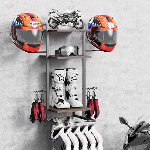 Simaixing 3-in-1 Helmhalter Wandhalterung, Retro Motorrad Helmständer und Jackenhalter mit 3-stöckigem Regal, Helmaufhänger zur Aufbewahrung von Motorradzubehör, Fußball, Tactical Gear Stand (Schwarz) von Simaixing
