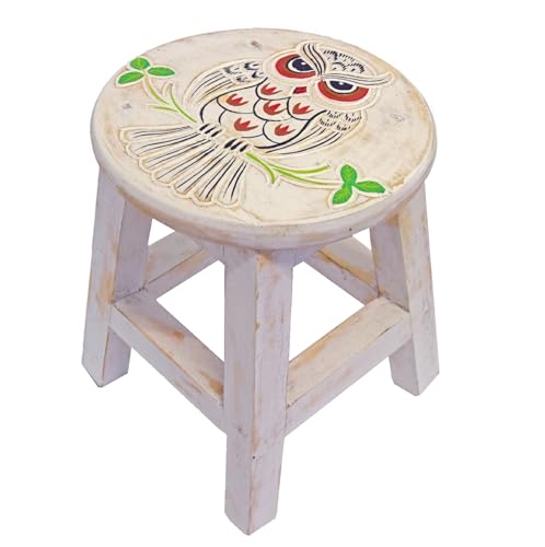 Simandra Holzhocker Kinderhocker Hocker Sitzhocker Fußbank Massivholz Schemel Stuhl mit Tiermotiv Deko weiß Farbe Eule von Simandra
