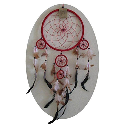 Simandra Original handgefertigter Traumfänger – hängender Dreamcatcher aus natürlichen Materialien handgefertigt ca. 40 cm lang, Durchmesser größter Ring 11 cm - rot von Simandra