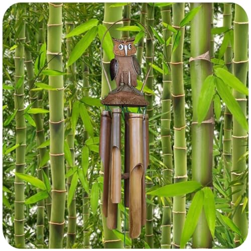 Windspiel Klangspiel Bambus Klang Deko Klangröhren Entspannung Garten Türglocke Kokosnuss Eule Größe Groß von Simandra