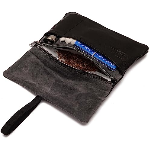 SIMARU Leder Tabaktasche aus pflanzlich gegerbtem Premium Leder, Tabakbeutel mit Filter- und Paperfach, Drehtabak Tasche 30g (schwarz) von Simaru