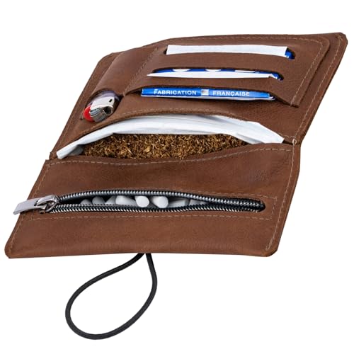 Simaru Personalisierte Tabaktasche mit Gravur aus Leder für 30g Tabakbeutel, Echtleder Dreher-Tasche inkl. Filterfach und Plättchen-Halter (Dunkelgrau) (Hellbrau-Gravur) von Simaru