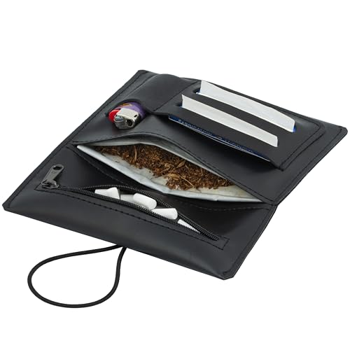 Tabaktasche aus Kunstleder für 30g Tabakbeutel – Edle Dreher-Tasche mit Filterfach & Blättchen-Halter in hochwertiger Kunstleder-Optik für Raucher (Schwarz glatt) von Simaru