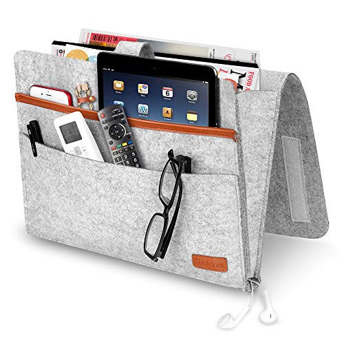 SIMBOOM Bett Organizer, Filz Betttasche Anti-Rutsch Nachttisch Tasche Sofa-Bett Hängeaufbewahrung für Buch, Zeitschriften, iPad, Handy, Fernbedienung -Hellgrau von SIMBOOM