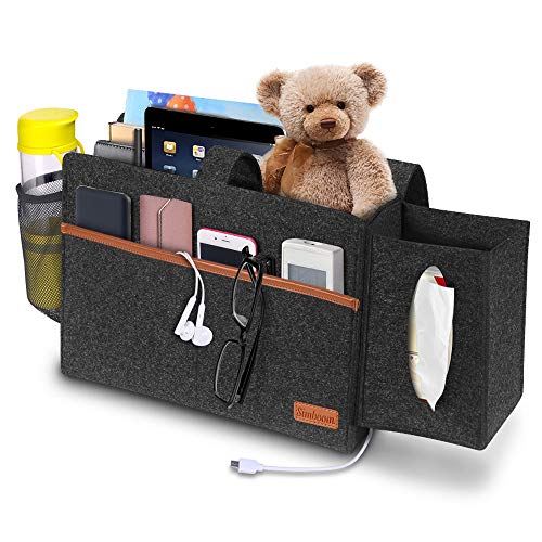 SIMBOOM Bett Organizer Tasche Filz Bettablage mit Tücherbox und Flaschenhalter Anti-Rutsch Sofa Aufbewahrungstasche für Buch, Zeitschriften, iPad, Handy, Fernbedienung - Dunkelgrau von SIMBOOM