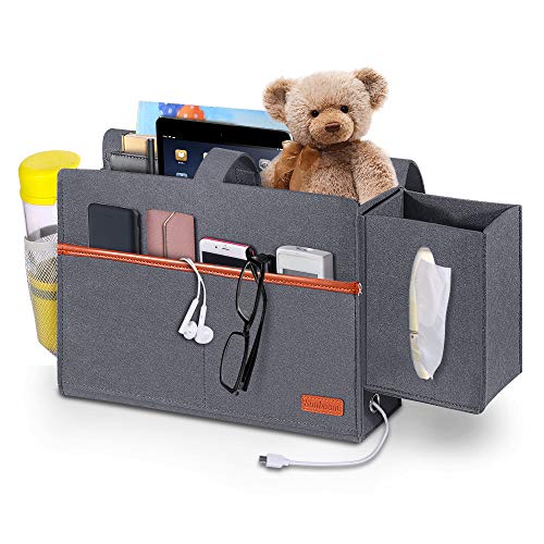 SIMBOOM Bett Tasche Filz Organizer, Bettablage Aufbewahrungstasche mit Tücherbox und Flaschenhalter Anti-Rutsch Nachttisch-Caddy für Buch, Zeitschriften, iPad, Handy, Fernbedienung - Blau Grau von SIMBOOM